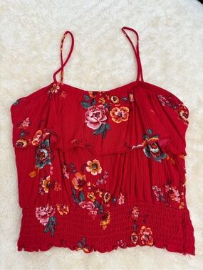 Strap Ruffle Tank Top. Color: Red Size:XXS